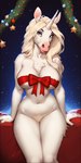 anthro areola areola_slip big_breasts blonde_hair blue_eyes bottomless bow_ribbon breasts chest_tuft christmas christmas_ornament christmas_theme clothed clothing crotch_tuft female fur hair horn leaning leaning_back looking_at_viewer nails navel pink_nose ribbon ribbons sitting solo three-quarter_view tuft unicorn_horn white_body white_fur langri mirage_(langri) equid equine mammal unicorn hi_res