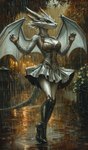 anthro boots bottomwear clothing dress female footwear grey_eyes grey_horn horn park raining skirt solo bahufaru vel dragon silver_dragon hi_res