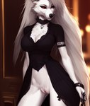 anthro breasts canid canine canis chest_tuft cleavage clothed clothing collar female genitals hair loona_(helluva_boss) mammal pussy red_eyes solo tahlia_(director) tuft white_hair wolf