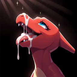 anthro black_background blue_eyes bodily_fluids cum cum_in_mouth cum_inside cum_on_body cum_on_face female genital_fluids light light_beam looking_up open_mouth open_smile particles red_body simple_background smile solo sunbeam sunlight lightning7 nintendo pokemon charmeleon generation_1_pokemon pokemon_(species) absurd_res hi_res