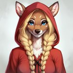 anthro blonde_hair blue_eyes braided_hair brown_body brown_fur clothing collarbone ears_through_headwear female fur hair hoodie looking_at_viewer makeup parted_lips simple_background smile solo teeth topwear white_body white_fur ayo_keito cervid mammal absurd_res hi_res portrait