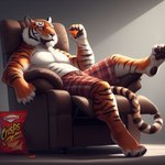 5_fingers anthro black_pawpads black_stripes boxers_(clothing) chair clothed clothing felid fingers food fur furniture male mammal markings meat nikkolaus orange_body orange_eyes orange_fur pantherine pawpads pink_nose reclining relaxed relaxing solo striped_body striped_fur striped_markings striped_tail stripes tail_markings tiger underwear underwear_only whisker_spots whiskers