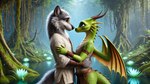 anthro blue_eyes dall-e_3 duo embrace eye_contact fantasy female fur green_body green_scales grey_body grey_fur horn looking_at_another male male/female membrane_(anatomy) membranous_wings nature scales smile swamp wings floofymoff canid canine canis dragon mammal reptile scalie wolf 16:9 4k absurd_res hi_res wallpaper widescreen