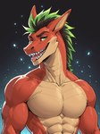 anthro black_eyebrows black_hair disney eyebrows green_eyes green_hair hair looking_at_viewer male mohawk multicolored_body multicolored_hair muscular open_mouth open_smile particles red_body red_scales scales sharp_teeth simple_background smile solo teeth tongue tongue_out two_tone_body two_tone_hair adzyx3m_(director) american_dragon:_jake_long jake_long dragon scalie bust_portrait hi_res portrait