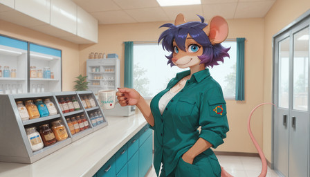 anthro beverage blue_eyes clothed clothing coffee convenience_store fully_clothed hair inside looking_at_viewer male purple_hair solo ryukon mammal mouse murid murine rodent hi_res