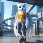 anthro blue_eyes bottomwear clothing denim denim_clothing feathers female jeans looking_at_viewer pants shirt solo topwear white_body wings yellow_clothing yellow_shirt yellow_topwear omgechounknown brynn_(echounknown) avian bird owl