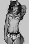 anthro arm_tattoo bedroom_eyes body_hair bulge canid canine clothed clothing girly hair happy_trail hi_res long_hair looking_at_viewer male mammal monochrome narrowed_eyes navel nipples pinup pose seductive simple_background sketch skimpy slim smile smiley solo tail tattoo underwear underwear_only v-cut