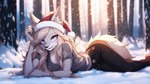 anthro black_nose blonde_hair blue_eyes bottomwear canid canine canis chest_tuft christmas_clothing christmas_headwear clothed clothing denim denim_clothing female fluffy fluffy_tail forest fully_clothed fur fuzzy_logic hair hat headgear headwear hi_res inner_ear_fluff jeans light long_hair looking_at_viewer lying mammal on_front outdoors pants plant santa_hat shirt short_sleeves smile snow solo sunlight tan_body tan_fur topwear tree tuft wolf