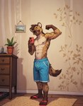 anthro armpit_hair athletic biceps body_hair bottomwear chest_tuft clothing flip_flops footwear furniture happy_trail holding_object holding_phone male nipples phone plant plant_pot pose sandals selfie shorts solo standing tuft v-cut kudzu hyaenid mammal absurd_res hi_res