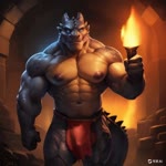 anthro balls bulge dungeon genitals inside looking_at_viewer male muscular nipples red_loincloth scales smile solo torch walking joachim58 dragon animated webm