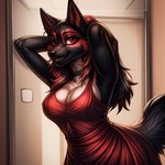 anthro black_body canid canine canis clothing collar dress female fur hands_behind_head inside looking_at_viewer mammal pinup pose red_body red_eyes red_fur smile solo wolf zoe_(nnecgrau)