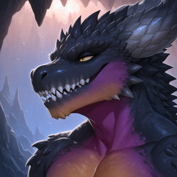 anthro black_body black_scales horn male purple_body purple_scales scales smile solo teeth yellow_eyes ffrenderx capcom monster_hunter elder_dragon nergigante absurd_res headshot_portrait hi_res portrait