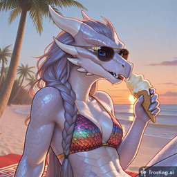 anthro athletic beach beach_towel bikini bodily_fluids braided_hair breasts cleavage clothed clothing dessert eating eyewear female flowing_hair food glistening glistening_body hair holding_food holding_ice_cream holding_object ice_cream looking_at_viewer mythology palm_tree plant scales seaside solo sun sunglasses sweat swimwear towel tree cellz55 dragon mythological_creature mythological_scalie scalie animated short_playtime webm