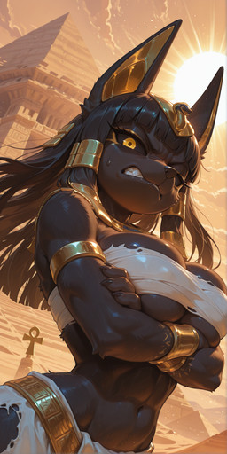 angry anthro armlet big_breasts black_body black_fur black_hair black_sclera breasts chest_wraps claws clothing crossed_arms egyptian egyptian_clothing eyelashes female fur hair long_hair navel outside sidelocks solo sun teeth wraps yellow_eyes crody domestic_cat felid feline felis mammal hi_res