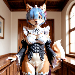 anthro bottomless clothed clothing female genitals hair hair_over_eye looking_at_viewer maid_uniform one_eye_obstructed pussy solo standing uniform denis0k rem_(re:zero) canid canine fox mammal