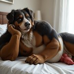 animal_genitalia animal_penis anthro bed canine_penis furniture genitals knot looking_at_viewer lying male nude on_bed on_side penis smile solo yisikopato bernese_mountain_dog canid canine canis domestic_dog mammal molosser mountain_dog swiss_mountain_dog