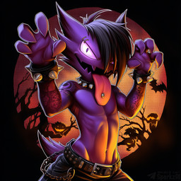 4_fingers anthro arm_tattoo armband belt biped black_hair bottomwear bracelet chain claw_pose claws clothed clothing collar eyebrow_piercing facial_piercing fingers glowing glowing_eyes goth hair hair_over_eye halloween holidays jewelry looking_at_viewer male navel one_eye_obstructed open_mouth pants piercing plant punk purple_body purple_eyes smile solo spiked_armband spiked_collar spiked_wristwear spikes tattoo teeth telegram telegram_logo text tongue tongue_out tongue_piercing topless topless_male sergalbutt halloween_2025 nintendo pokemon hunter_(sergalbutt) generation_1_pokemon haunter pokemon_(species) 1:1 director_name signature url