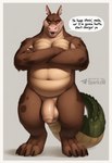 4_toes anthro balls belly border brown_body brown_fur claws crossed_arms dialogue ear_piercing eyebrows feet flaccid foreskin front_view fur genitals green_body green_tail grey_background humanoid_genitalia humanoid_penis looking_at_viewer male muscular navel nude open_mouth penis piercing scales sharp_teeth simple_background slightly_chubby smile solo speech_bubble spots standing tail talking_to_viewer tan_balls tan_body teeth text toe_claws toes tongue unretracted_foreskin yellow_eyes sergalbutt activision crash_bandicoot_(series) dingodile canid canine canis crocodile crocodilian crocodylid dingo hybrid mammal reptile scalie english_text hi_res signature url watermark