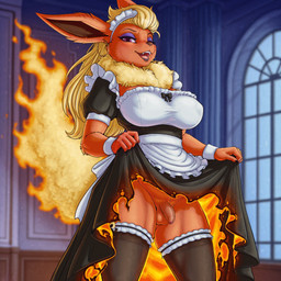 anthro balls blonde_hair bottomwear bow_ribbon breasts burning burnt_clothing clothed clothing clothing_lift cuff_bracelet ear_piercing ear_ring eyeshadow fire flaccid flaming_tail fluffy_fur foreskin fur genitals gynomorph hair hoop_ear_ring intersex legwear maid_apron maid_headdress maid_uniform makeup muscular_thighs penis piercing purple_eyes red_body red_fur ring_piercing skirt skirt_lift small_balls small_penis solo thigh_highs uniform erta_wanderer nintendo pokemon eeveelution flareon generation_1_pokemon pokemon_(species) invalid_tag hi_res
