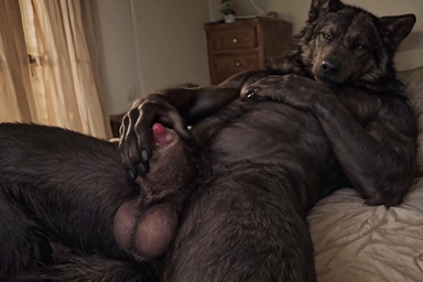 5_fingers abs animal_genitalia animal_penis anthro balls bed black_body black_fur black_nose canine_genitalia canine_penis claw_nails clawed_hands claws close-up fangs fingers front_view fur furniture genital_focus genitals inside lipsticking looking_at_viewer male nipples nude nude_anthro nude_male on_bed penis penis_tip photorealism presenting realistic sheath solo teeth whiskers chromamancer silverlynx canid canine canis mammal wolf animated hi_res short_playtime webm