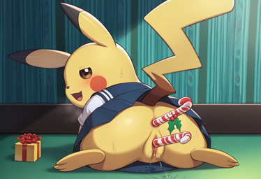 anal anal_orgasm anal_penetration anus blue_bottomwear blue_clothing blue_skirt blush bodily_fluids bottomwear brown_eyes butt candy candy_cane christmas clitoris clothed clothing dessert dipstick_ears ear_markings ejaculation facial_markings feet female feral food food_fetish food_insertion food_play fur genital_fluids genitals gift head_markings holidays improvised_sex_toy inside looking_at_viewer looking_back looking_pleasured markings masturbation multicolored_ears narrowed_eyes no_underwear object_in_ass on_ground open_mouth open_smile orgasm penetration plant presenting pussy pussy_ejaculation pussy_juice rear_view school_uniform seductive sex_toy sex_toy_insertion skirt smile soles solo spreading sweat tail toes tongue uniform vaginal vaginal_fluids vaginal_penetration yellow_body yellow_fur jomisa nintendo pokemon generation_1_pokemon mammal pikachu pokemon_(species) rodent digital_media_(artwork)