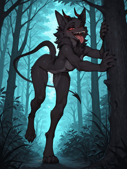anthro biped black_body black_fur bodily_fluids breasts claws detailed_background female female/female fur genital_fluids genitals horn looking_at_viewer nipples nude pupils pussy_juice pussy_juice_string red_eyes saliva sharp_teeth smile solo solo_focus tail teeth tuft unusual_pupils balloon_(director) unknown_species 3:4 absurd_res hi_res