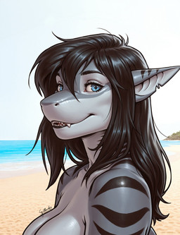 anthro beach black_hair blue_eyes female genitals grey_body hair humanoid_genitalia humanoid_penis looking_at_viewer outside penis sand sea seaside smile solo striped_body stripes water gilkardex fish marine shark hi_res signature