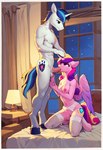 anthro clothing duo female genitals horn lingerie male male/female nude on_knees oral pussy wings director_danithoooxd princess_cadance_(mlp) shining_armor_(mlp) equid equine horse mammal my_little_pony pony hi_res