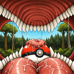 ambiguous_gender bodily_fluids day drooling fangs forest plant pokeball pokeball_vore reverse_mouth_shot saliva solo teeth tongue tree vore thedavid nintendo hi_res
