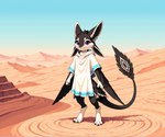 3_toes 4_ears ambiguous_gender anthro black_body black_feathers clothing desert feathers feet multi_ear paws purple_eyes solo toes white_clothing anonymous_director avali hi_res