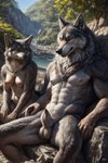 animal_genitalia anthro balls beach breasts canid canine canis casual_nudity duo female genitals male male/female mammal nipples nude pussy seaside sheath wolf