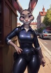 anthro belt blush breasts car city city_background clothing disney ears_up female hand_on_hip latex_clothing looking_at_viewer outside plant police_uniform pose smile solo tight_clothing tree uniform vehicle hank94_(director) zootopia judy_hopps lagomorph leporid mammal rabbit hi_res