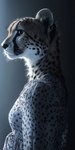 anthro black_nose blue_light clothing dress female fuzzy light looking_away photorealism solo solo_focus yellow_eyes bahufaru cheetah felid feline mammal hi_res lighting portrait