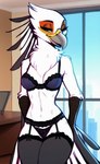 absurd_res accipitriform aggretsuko anthro at_work avian bird bra breasts clothed clothing eyeshadow feather_hair feathered_crest feathers female head_crest hi_res legwear lingerie makeup non-mammal_breasts panties pseudo_hair public secretary_bird secretary_washimi seductive solo stockings underwear underwear_only white_body white_feathers yopfox