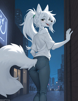 ambiguous_gender anthro back_towards_viewer black_nose bottomwear canine_nose canine_teeth city city_background claws clothed clothing denim denim_clothing fur furgonomic furgonomic_bottomwear green_eyes hair hand_on_wall jeans long_hair looking_at_viewer looking_back looking_back_at_viewer monotone_body monotone_fur night off_shoulder open_mouth outside pants ponytail shirt slim smile solo standing t-shirt thin_legs tongue topwear tuft white_body white_fur white_hair asp791_(director) aspen_(asp791) canid canine canis fox mammal absurd_res hi_res signature watermark