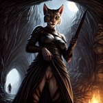 anthro armor cave clothed clothing clothing_lift dark_body dark_fur female fire fur genitals green_eyes holding_object holding_weapon knife leather leather_armor light looking_at_viewer moonlight pussy robe skyrim solo solo_focus the_elder_scrolls weapon fenix_ai felid feline khajiit mammal absurd_res hi_res