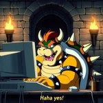 anthro claws computer dungeon eyewear glasses hair horn male nintendo open_mouth solo super_mario_bros teeth text unknown_director bowser koopa scalie english_text