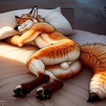 anthro balls barely_visible_genitalia bed body_pillow cuddling fur furniture genitals lying_on_side male multicolored_body multicolored_fur pawpads pillow sleeping solo tan_body tan_fur white_balls white_body white_fur director_reineke canid canine fox mammal attempted_signature hi_res