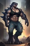 abs anthro big_muscles big_pecs bulge claws clothing digitigrade godzilla_(series) growth human_to_anthro male muscle_growth muscular muscular_male pecs shirt size_transformation solo species_transformation standing tight_clothing topwear torn_clothing torn_shirt torn_topwear transformation agreenfish godzilla dragon kaiju scalie