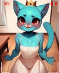 anthro blue_body blue_fur camera_view clothing crown domestic_cat dress felid feline felis fur girly gumball gynomorph intersex male mammal overlord_69 red_eyes solo the_amazing_world_of_gumball white_clothing white_dress