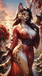 anthro asian_clothing breasts clothed clothing east_asian_clothing female flower fur hair happy japanese_clothing kimono open_mouth plant scenery smile solo spots spotted_body spotted_fur director_elkkue felid feline mammal serval absurd_res hi_res