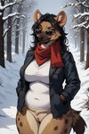 anthro black_hair bodily_fluids bottomless breasts clothed clothing eyewear female forest genitals glasses hair jacket peach_pussy plant pussy scarf slightly_chubby snow solo sweat topwear tree anonymous_director canid hyaenid mammal hi_res