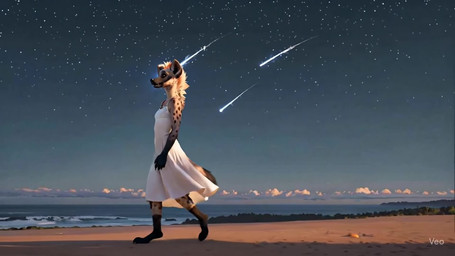 anthro beach beach_background clothing cloud cosmic_background dress dusk female seaside shooting_star sky solo solo_focus sound_effects sound_warning star starry_background starry_sky sundress wave white_sundress bahufaru hyaenid mammal animated hi_res sound webm