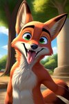 anthro bodily_fluids disney dripping ears_down fur green_eyes looking_at_viewer male mouth_shot narrowed_eyes open_mouth pivoted_ears plant presenting saliva saliva_drip saliva_on_tongue simple_background smile smiling_at_viewer solo teeth tongue tongue_out zootopia angry_puppy nick_wilde canid canine canis fox mammal