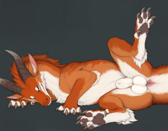 animal_genitalia anus balls blue_eyes brown_pawpads countershading cute_fangs dewclaw feral fully_sheathed fur genitals looking_at_viewer lying male mythology on_side orange_body pawpads presenting_sheath sheath simple_background solo spread_legs spreading white_body white_countershading latiodile dragon furred_dragon mythological_creature mythological_scalie scalie wingless_dragon hi_res stable_diffusion