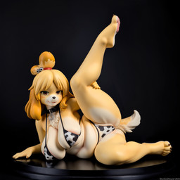 animal_print anthro areola belly big_breasts bikini blush breast_squish breasts brown_claws brown_eyes chubby_female claws cleavage cleavage_overflow clothed clothing collar cow_print cow_print_bikini curvaceous curvy_figure fat_rolls female figurine fingers floppy_ears fur hair hanging_breasts hips looking_at_viewer lying lying_on_side nipple_outline obese overweight pattern_clothing pawpads paws sagging_breasts sculpture side_boob slightly_chubby solo spread_legs spreading squish statue swimwear tail thick_thighs tuft voluptuous wide_hips yellow_body sherlock_hound_(director) animal_crossing nintendo isabelle_(animal_crossing) canid canine canis domestic_dog mammal shih_tzu toy_dog detailed hi_res shaded signature soft_shading