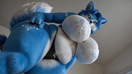 60fps anthro big_breasts blue_body blue_fur bra breast_expansion breasts clothing expansion female fur green_eyes huge_breasts low-angle_view markings panties paws realistic realistic_fur realistic_lighting slightly_chubby smile solo underwear loweffortcheems nintendo star_fox krystal_(star_fox) canid canine fox mammal animated hi_res short_playtime webm
