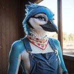 anthro beak black_beak blue_body blue_eyes blue_feathers clothed clothing feathers female looking_at_viewer solo white_body white_feathers ilmpbx avian bird blue_jay corvid jay_(bird) new_world_jay oscine passerine digital_media_(artwork) hi_res