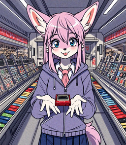 1990s anthro blue_eyes bottomwear clothing convenience_store female female/female fluffy fur graffiti hair hoodie lace necktie pale_skin pleated_skirt purple_hair sidelocks skirt solo solo_focus sparkles tape topwear holo_(director) canid canine canis domestic_dog mammal absurd_res hi_res portrait