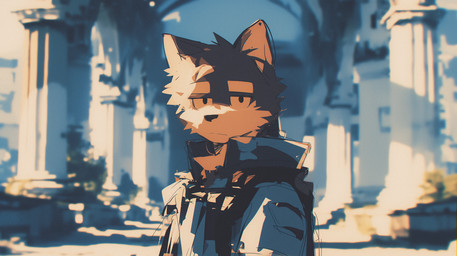 anthro blurred_background brown_body brown_fur clothing fluffy fur jacket looking_at_viewer male ruins solo topwear youssefalsuccjeeda canid canine mammal hi_res sketch